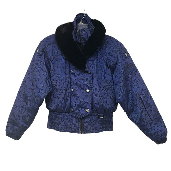 NILS Jackets & Blazers - Vintage Nils Down Fill Ski Jacket Winter Coat Fur Trim Blue Jacquard Print Retro